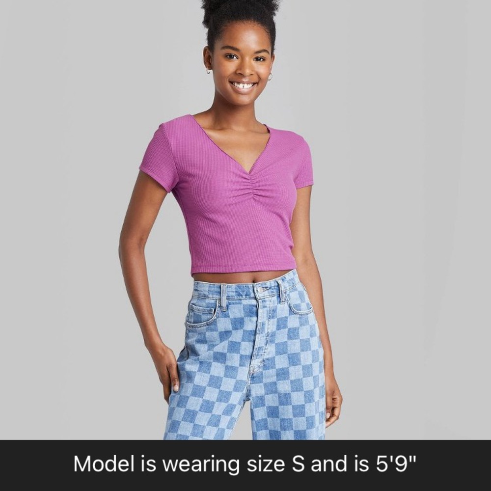 NWT Purple Crop Top Women’s Short Sleeve V-Neck Cinch Front Thermal- Wild Fable